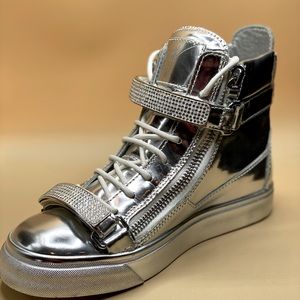 Giuseppe Zanotti Metallic Silver Rhinestone Leather London High Top Sneakers